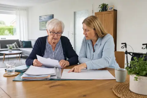 „Drohende Pflegegrad-Rückstufung – Fristen“: Eine Angehörige und eine pflegebedürftige Person prüfen gemeinsam Pflegeunterlagen an einem Tisch.