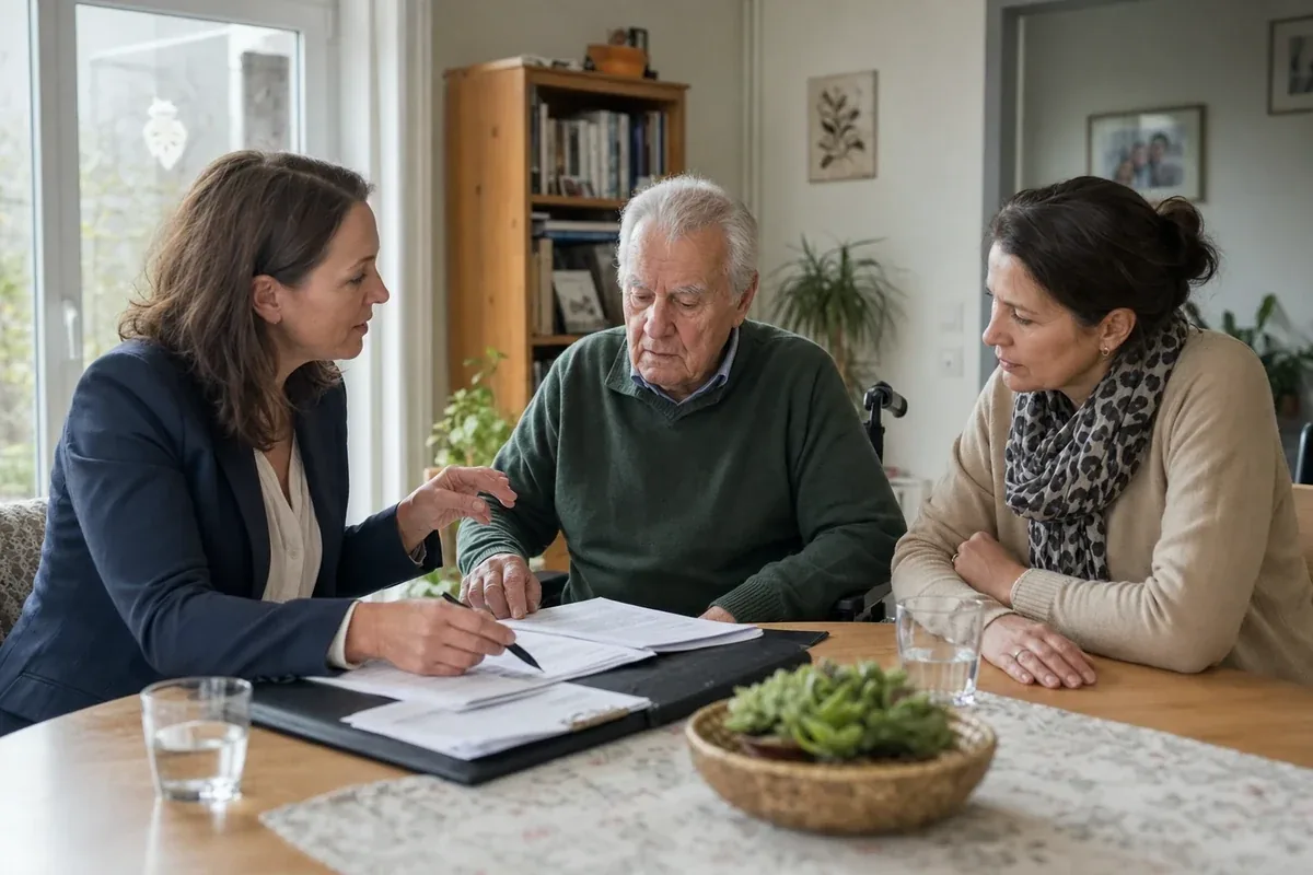 Drohende Pflegegrad-Rückstufung – Voraussetzungen „Drohende Pflegegrad-Rückstufung – Voraussetzungen“: Eine Angehörige und eine pflegebedürftige Person prüfen gemeinsam Pflegeunterlagen an einem Tisch.