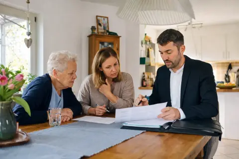 Pflegegutachten prüfen – Voraussetzungen „Pflegegutachten prüfen – Voraussetzungen“: Eine Angehörige und eine pflegebedürftige Person prüfen gemeinsam Pflegeunterlagen an einem Tisch.