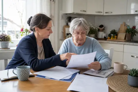 Pflegegutachten verstehen und mit dem Bescheid vergleichen „Pflegegutachten verstehen und mit dem Bescheid vergleichen“: Eine Angehörige und eine pflegebedürftige Person prüfen gemeinsam Pflegeunterlagen an einem Tisch.