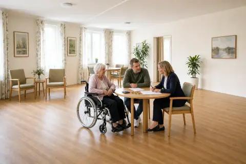Pflegeheim auswählen – Kosten „Pflegeheim auswählen – Kosten“: Angehörige und eine ältere Person vergleichen Unterlagen zur stationären Pflege und deren Finanzierung.