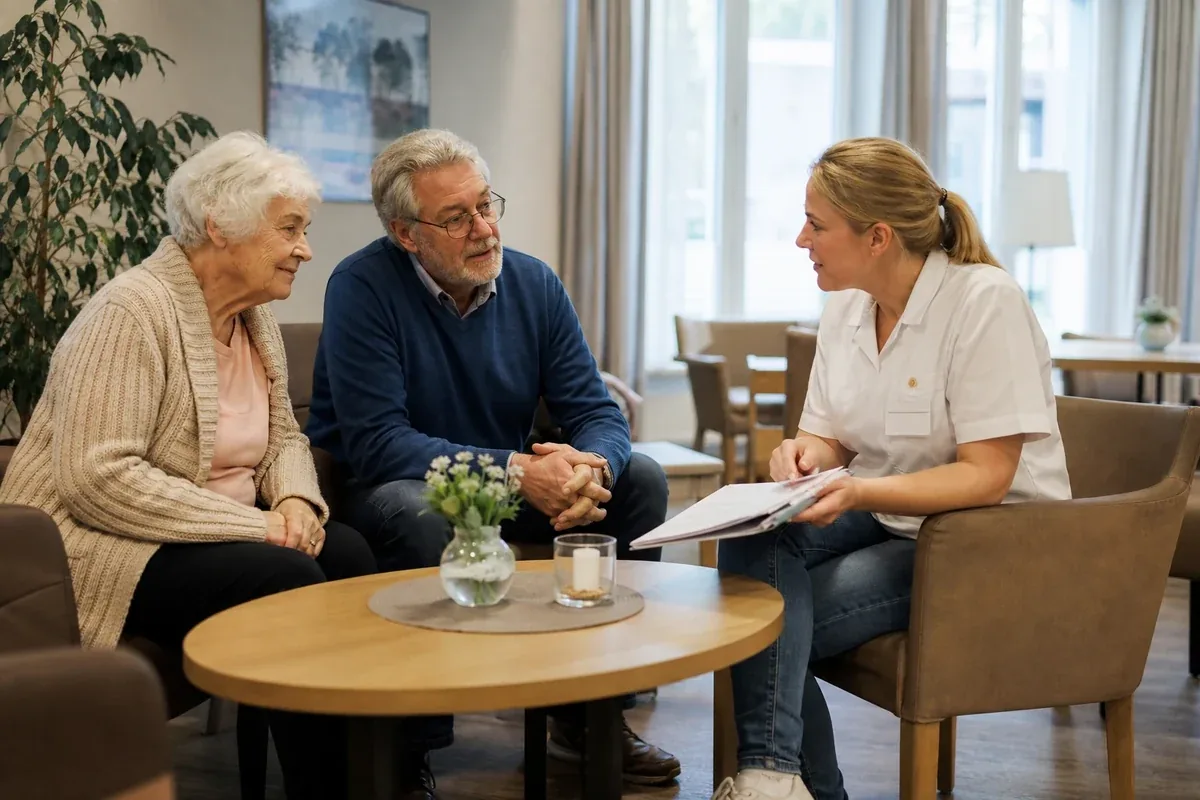 Pflegeheim auswählen – Voraussetzungen „Pflegeheim auswählen – Voraussetzungen“: Angehörige und eine ältere Person vergleichen Unterlagen zur stationären Pflege und deren Finanzierung.