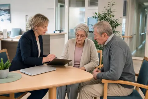„Investitionskosten im Pflegeheim – Voraussetzungen“: Angehörige und eine ältere Person vergleichen Unterlagen zur stationären Pflege und deren Finanzierung.