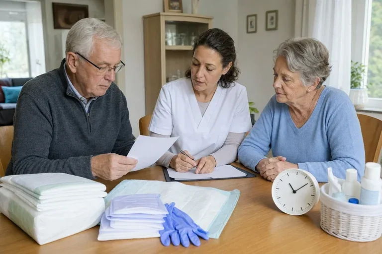 Pflegehilfsmittel zum Verbrauch – Fristen „Pflegehilfsmittel zum Verbrauch – Fristen“: Eine Pflegefachperson berät eine pflegebedürftige Person zu einem Hilfsmittel für den Alltag zu Hause.