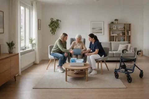 „Pflegehilfsmittel zum Verbrauch – Unterlagen“: Eine Pflegefachperson berät eine pflegebedürftige Person zu einem Hilfsmittel für den Alltag zu Hause.