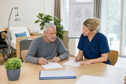 „Pflegekurs für Angehörige – Antrag“: Eine Angehörige und eine pflegebedürftige Person prüfen gemeinsam Pflegeunterlagen an einem Tisch.
