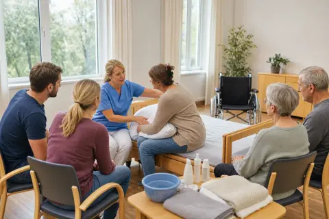 Pflegekurs nutzen und Pflege in der Familie organisieren „Pflegekurs nutzen und Pflege in der Familie organisieren“: Angehörige und eine pflegebedürftige Person besprechen gemeinsam die Organisation des Pflegealltags.