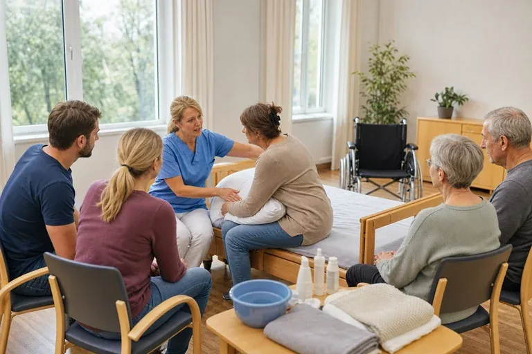 Pflegekurs nutzen und Pflege in der Familie organisieren „Pflegekurs nutzen und Pflege in der Familie organisieren“: Angehörige und eine pflegebedürftige Person besprechen gemeinsam die Organisation des Pflegealltags.