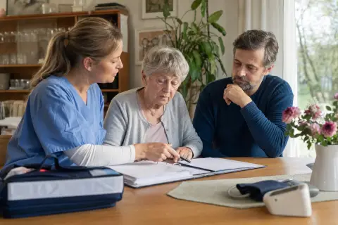 „Pflegesachleistungen 2026: Budget für ambulante Pflege“: Angehörige und eine pflegebedürftige Person besprechen gemeinsam die Organisation des Pflegealltags.