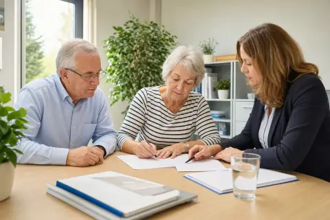Pflegestützpunkt – Antrag „Pflegestützpunkt – Antrag“: Eine Angehörige und eine pflegebedürftige Person prüfen gemeinsam Pflegeunterlagen an einem Tisch.