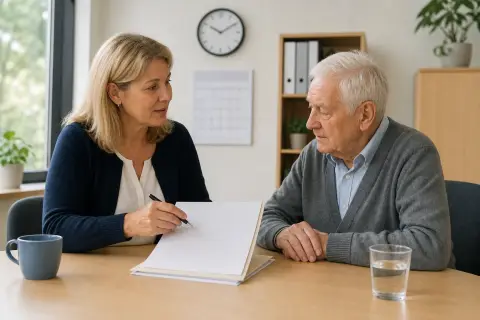 „Pflegestützpunkt – Fristen“: Eine Angehörige und eine pflegebedürftige Person prüfen gemeinsam Pflegeunterlagen an einem Tisch.