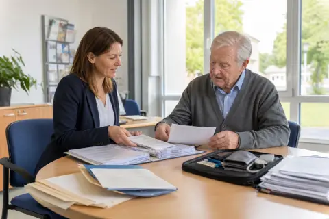 „Pflegestützpunkt – Unterlagen“: Eine Angehörige und eine pflegebedürftige Person prüfen gemeinsam Pflegeunterlagen an einem Tisch.