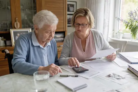 Pflegetagebuch für die Begutachtung – Kosten „Pflegetagebuch für die Begutachtung – Kosten“: Eine Angehörige und eine pflegebedürftige Person prüfen gemeinsam Pflegeunterlagen an einem Tisch.