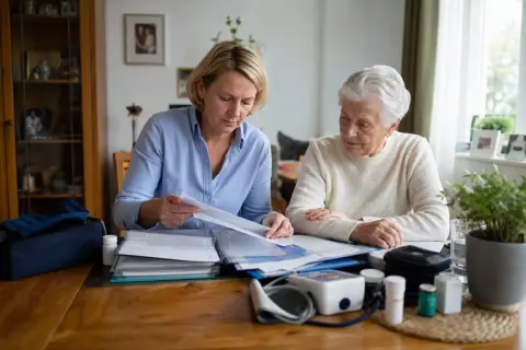 Pflegetagebuch für die Begutachtung – Unterlagen „Pflegetagebuch für die Begutachtung – Unterlagen“: Eine Angehörige und eine pflegebedürftige Person prüfen gemeinsam Pflegeunterlagen an einem Tisch.