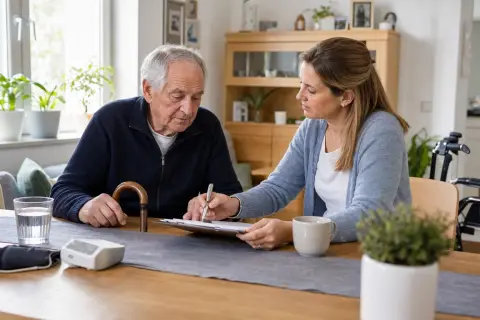 Pflegetagebuch für die Begutachtung – Voraussetzungen „Pflegetagebuch für die Begutachtung – Voraussetzungen“: Eine Angehörige und eine pflegebedürftige Person prüfen gemeinsam Pflegeunterlagen an einem Tisch.