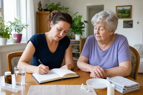„Pflegetagebuch führen: Alltag statt Diagnosen dokumentieren“: Angehörige und eine pflegebedürftige Person besprechen gemeinsam die Organisation des Pflegealltags.