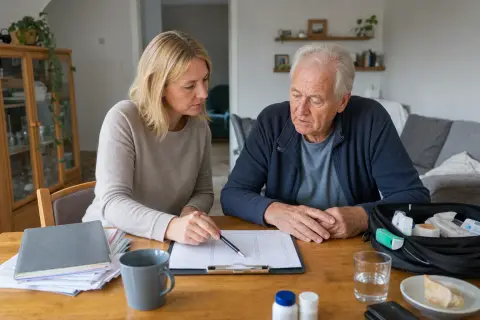 „Pflegeunterstützungsgeld – Voraussetzungen“: Eine pflegende Angehörige prüft Unterlagen zur Vereinbarkeit von Beruf, Absicherung und Pflege.