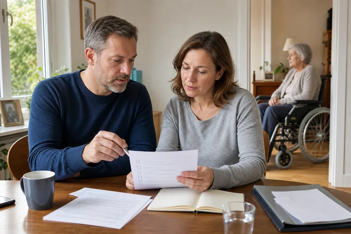 „Arbeitszeit wegen Pflege reduzieren – Voraussetzungen“: Eine Angehörige und eine pflegebedürftige Person prüfen gemeinsam Pflegeunterlagen an einem Tisch.