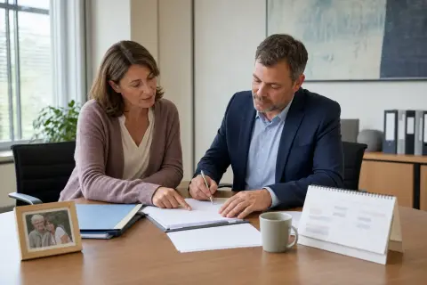 „Pflegezeit – Antrag“: Eine pflegende Angehörige prüft Unterlagen zur Vereinbarkeit von Beruf, Absicherung und Pflege.