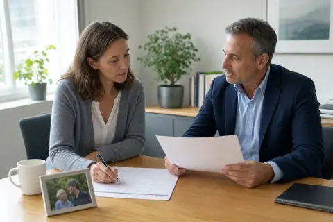 Pflegezeit – Fristen „Pflegezeit – Fristen“: Eine pflegende Angehörige prüft Unterlagen zur Vereinbarkeit von Beruf, Absicherung und Pflege.