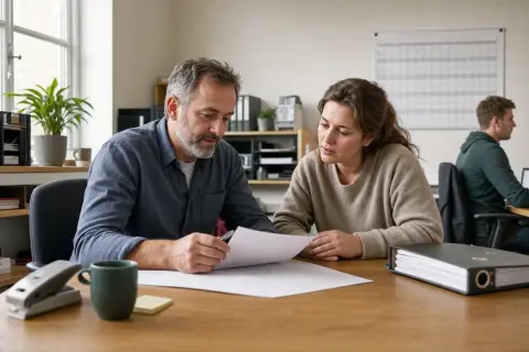 „Pflegezeit im Kleinbetrieb – Antrag“: Eine pflegende Angehörige prüft Unterlagen zur Vereinbarkeit von Beruf, Absicherung und Pflege.