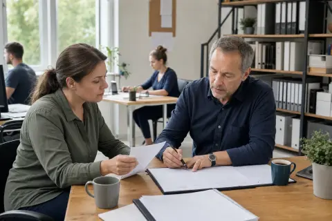 „Pflegezeit im Kleinbetrieb – Fristen“: Eine pflegende Angehörige prüft Unterlagen zur Vereinbarkeit von Beruf, Absicherung und Pflege.