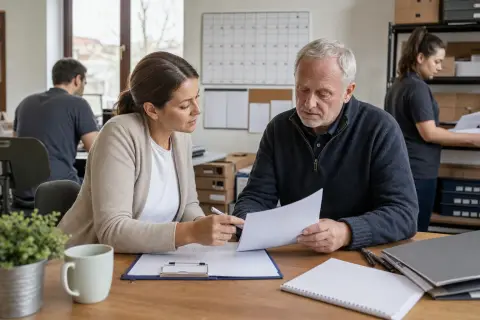 „Pflegezeit im Kleinbetrieb – Voraussetzungen“: Eine pflegende Angehörige prüft Unterlagen zur Vereinbarkeit von Beruf, Absicherung und Pflege.
