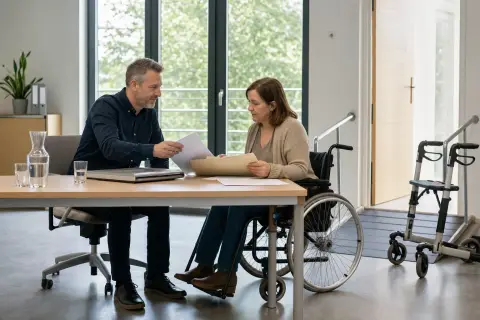 „Pflegezeit – Unterlagen“: Eine pflegende Angehörige prüft Unterlagen zur Vereinbarkeit von Beruf, Absicherung und Pflege.