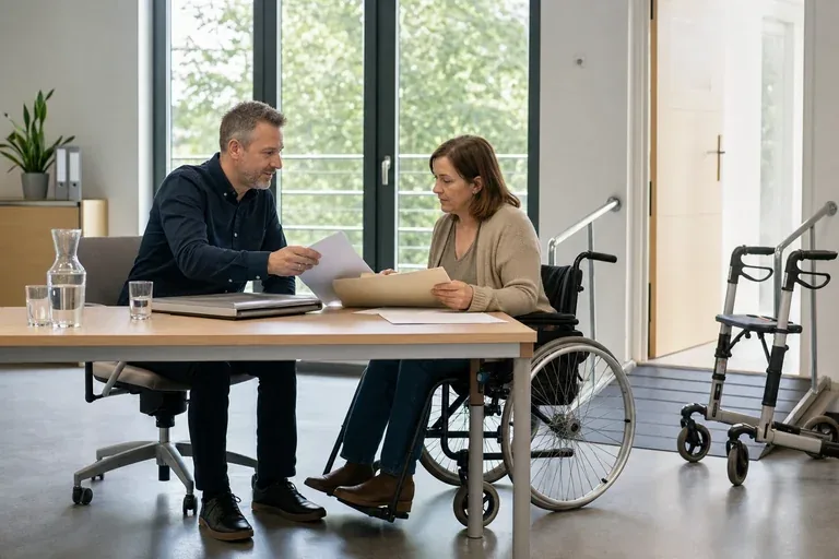 Pflegezeit – Unterlagen „Pflegezeit – Unterlagen“: Eine pflegende Angehörige prüft Unterlagen zur Vereinbarkeit von Beruf, Absicherung und Pflege.