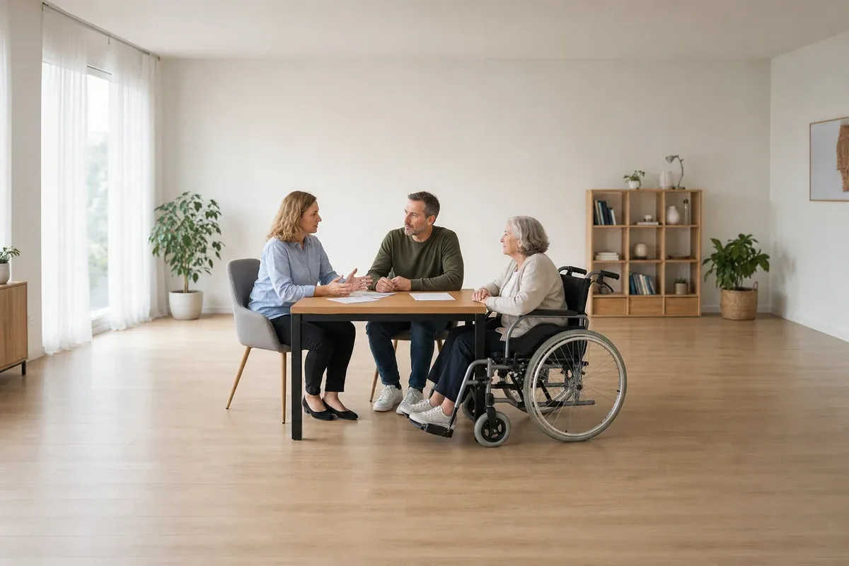 Pflegezeit – Voraussetzungen „Pflegezeit – Voraussetzungen“: Eine pflegende Angehörige prüft Unterlagen zur Vereinbarkeit von Beruf, Absicherung und Pflege.