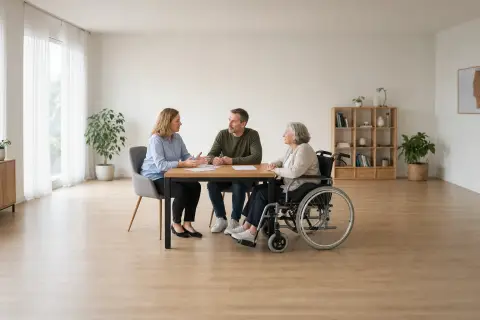 Pflegezeit – Voraussetzungen „Pflegezeit – Voraussetzungen“: Eine pflegende Angehörige prüft Unterlagen zur Vereinbarkeit von Beruf, Absicherung und Pflege.