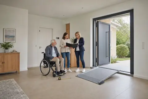 Rampe und Türverbreiterung – Antrag „Rampe und Türverbreiterung – Antrag“: Eine Angehörige und eine pflegebedürftige Person prüfen gemeinsam Pflegeunterlagen an einem Tisch.