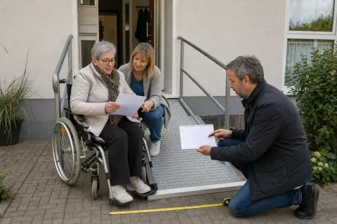 Rampe und Türverbreiterung – Fristen „Rampe und Türverbreiterung – Fristen“: Eine Angehörige und eine pflegebedürftige Person prüfen gemeinsam Pflegeunterlagen an einem Tisch.