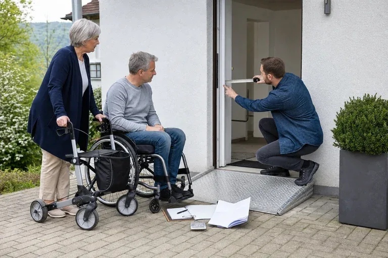 Rampe und Türverbreiterung – Kosten „Rampe und Türverbreiterung – Kosten“: Eine Angehörige und eine pflegebedürftige Person prüfen gemeinsam Pflegeunterlagen an einem Tisch.