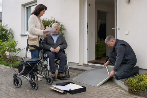 Rampe und Türverbreiterung – Unterlagen „Rampe und Türverbreiterung – Unterlagen“: Eine Angehörige und eine pflegebedürftige Person prüfen gemeinsam Pflegeunterlagen an einem Tisch.