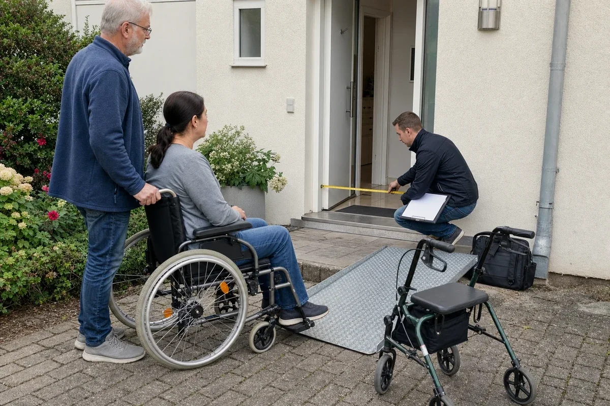 Rampe und Türverbreiterung – Voraussetzungen „Rampe und Türverbreiterung – Voraussetzungen“: Eine Angehörige und eine pflegebedürftige Person prüfen gemeinsam Pflegeunterlagen an einem Tisch.