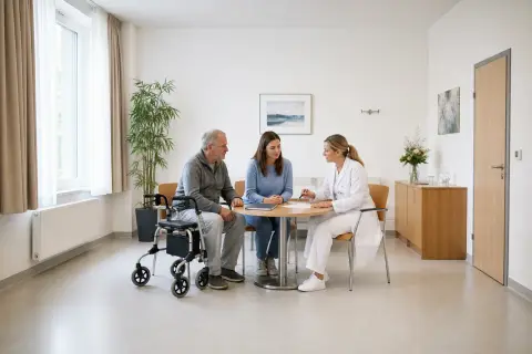 „Rehabilitation nach Krankenhaus – Antrag“: Eine Pflegefachperson bespricht mit einer pflegebedürftigen Person die weitere Versorgung nach einer Behandlung.
