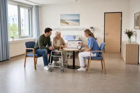 „Rehabilitation nach Krankenhaus – Fristen“: Eine Pflegefachperson bespricht mit einer pflegebedürftigen Person die weitere Versorgung nach einer Behandlung.