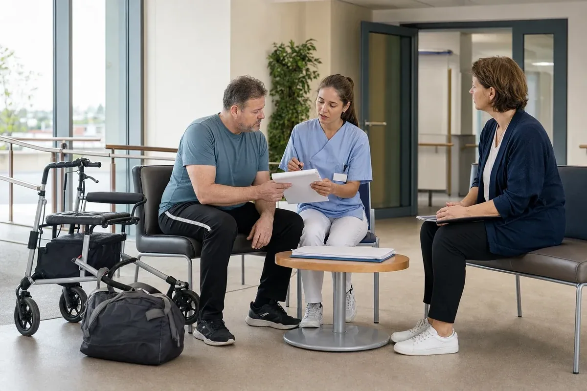 „Rehabilitation nach Krankenhaus – Voraussetzungen“: Eine Pflegefachperson bespricht mit einer pflegebedürftigen Person die weitere Versorgung nach einer Behandlung.
