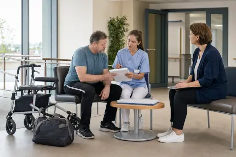 „Rehabilitation nach Krankenhaus – Voraussetzungen“: Eine Pflegefachperson bespricht mit einer pflegebedürftigen Person die weitere Versorgung nach einer Behandlung.