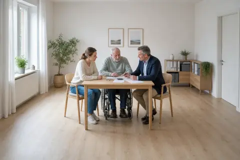 Rentenbeiträge für Pflegepersonen – Kosten „Rentenbeiträge für Pflegepersonen – Kosten“: Eine pflegende Angehörige prüft Unterlagen zur Vereinbarkeit von Beruf, Absicherung und Pflege.