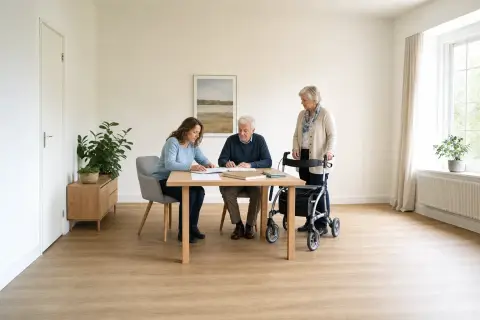 „Rentenbeiträge für Pflegepersonen – Unterlagen“: Eine pflegende Angehörige prüft Unterlagen zur Vereinbarkeit von Beruf, Absicherung und Pflege.