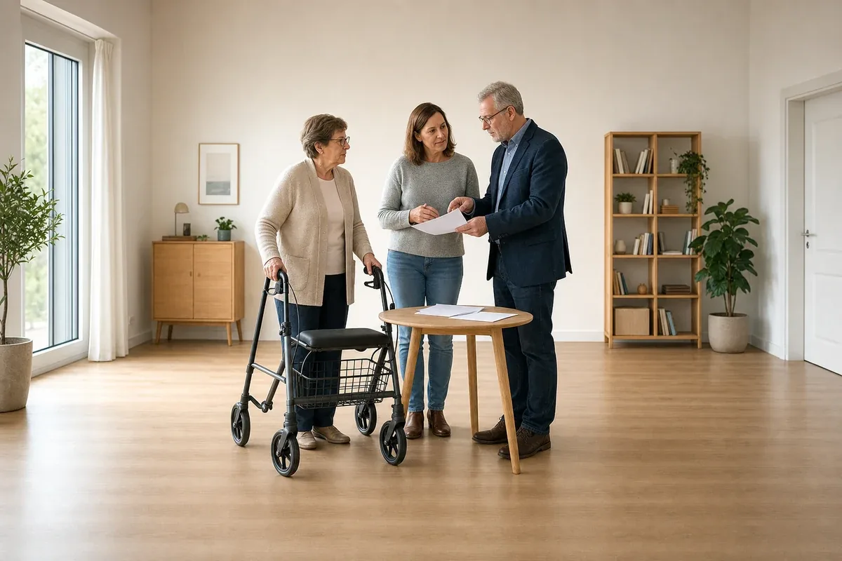 Rentenbeiträge für Pflegepersonen – Voraussetzungen „Rentenbeiträge für Pflegepersonen – Voraussetzungen“: Eine pflegende Angehörige prüft Unterlagen zur Vereinbarkeit von Beruf, Absicherung und Pflege.