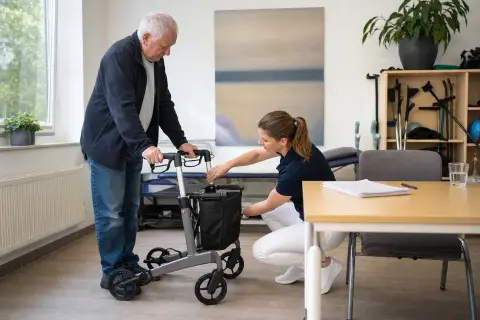 „Rollator – Antrag“: Eine Pflegefachperson und eine pflegebedürftige Person besprechen gemeinsam eine Mobilitätshilfe.