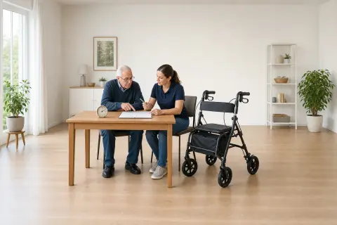 „Rollator – Fristen“: Eine Pflegefachperson und eine pflegebedürftige Person besprechen gemeinsam eine Mobilitätshilfe.