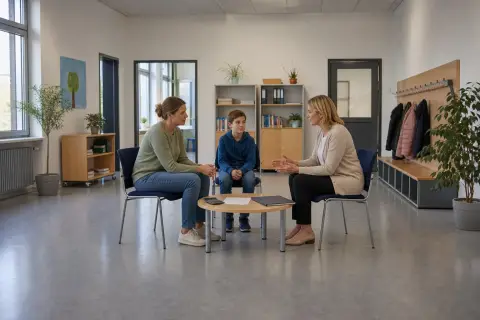 Schulbegleitung – Kosten „Schulbegleitung – Kosten“: Eltern und eine Fachberaterin besprechen zu Hause die Unterstützung eines pflegebedürftigen Kindes.