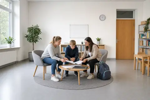 Schulbegleitung – Unterlagen „Schulbegleitung – Unterlagen“: Eltern und eine Fachberaterin besprechen zu Hause die Unterstützung eines pflegebedürftigen Kindes.