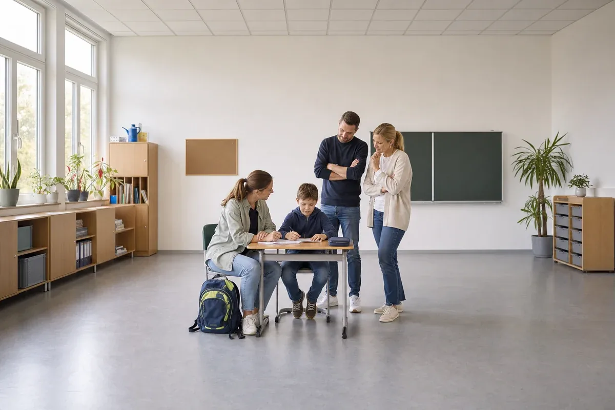 Schulbegleitung – Voraussetzungen „Schulbegleitung – Voraussetzungen“: Eltern und eine Fachberaterin besprechen zu Hause die Unterstützung eines pflegebedürftigen Kindes.