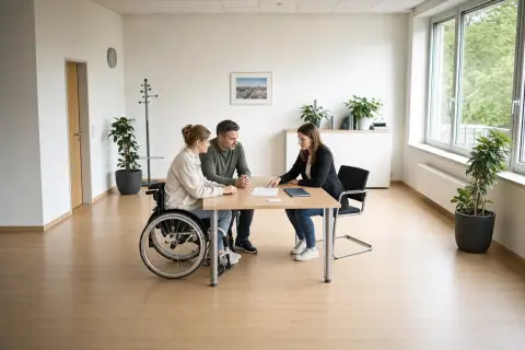 Schwerbehindertenausweis – Antrag „Schwerbehindertenausweis – Antrag“: Eine Angehörige und eine pflegebedürftige Person prüfen gemeinsam Pflegeunterlagen an einem Tisch.