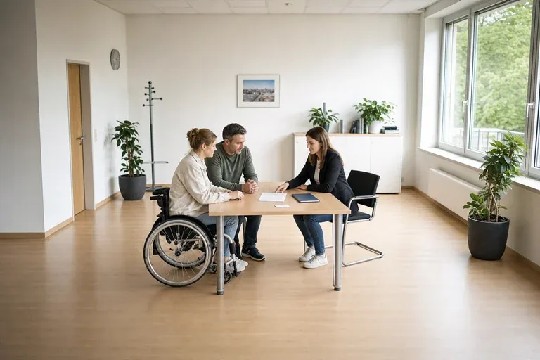 Schwerbehindertenausweis – Antrag „Schwerbehindertenausweis – Antrag“: Eine Angehörige und eine pflegebedürftige Person prüfen gemeinsam Pflegeunterlagen an einem Tisch.